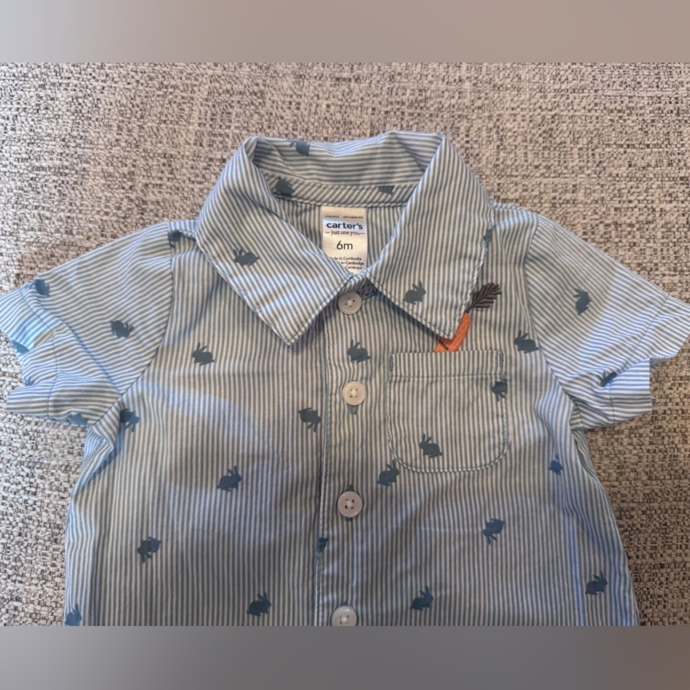 Carter’s Just One You Baby Boy Blue Striped Button Bunny Romper Carrot Sz 6m - Picture 3 of 10